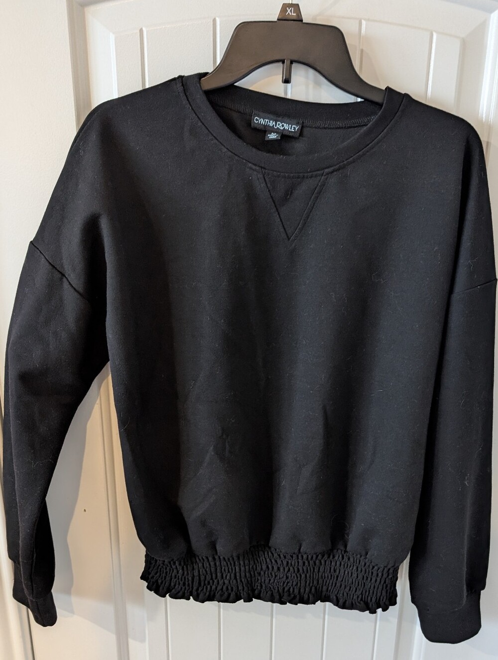 Cynthia Rowley Black Crewneck Sweater with Smocked Hem